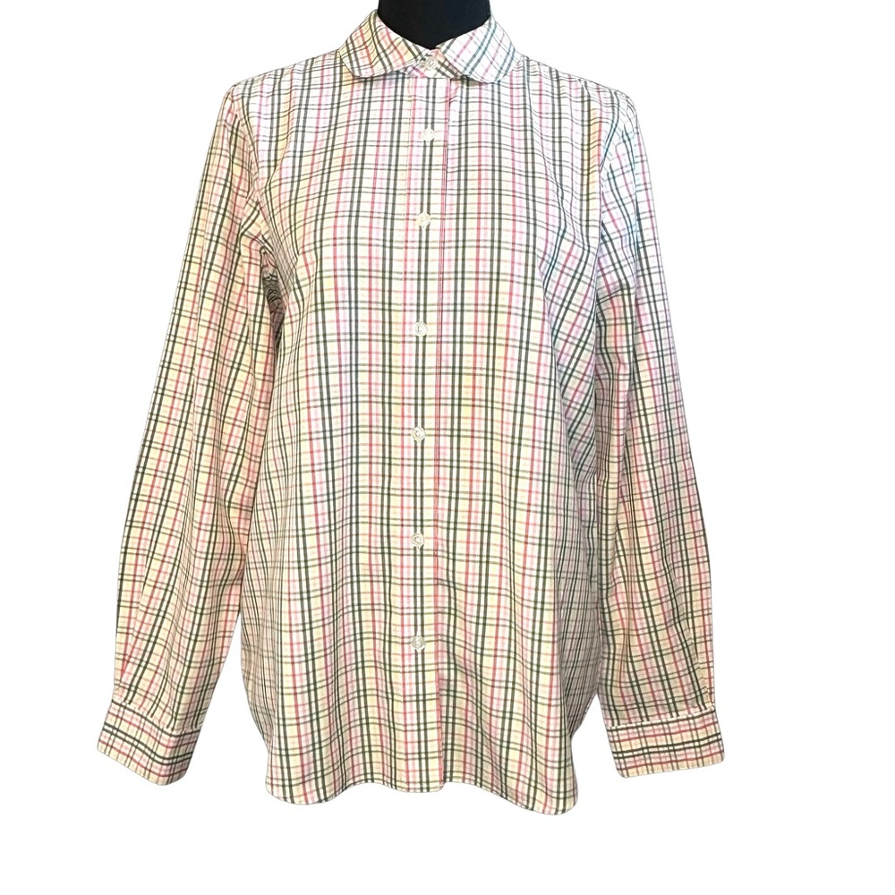 ORVIS Cotton Pink Green Plaid Button Up Front Long Sleeve Shirt Blouse Size 8